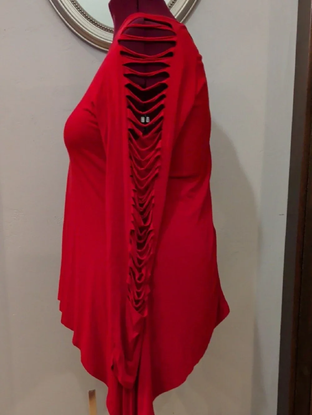 Women’s Red Long-Sleeve Asymmetrical Tunic with Slit-Sleeve Detail